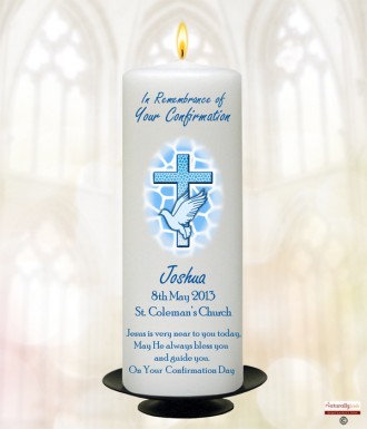 Cross and Dove Blue Confirmation Candle