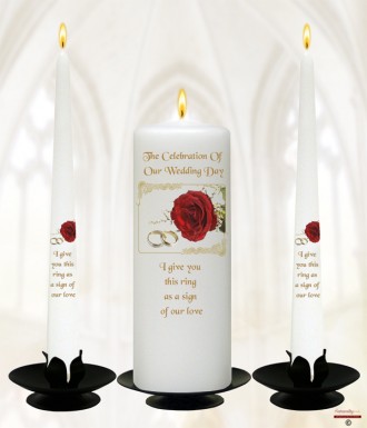 Red Roses & Gold Rings Wedding Candles (White)
