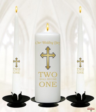 Two Shall Become One Gold Wedding Candles (White)