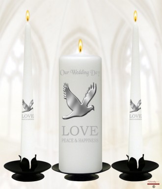 Love & Dove Silver Wedding Candles (White)