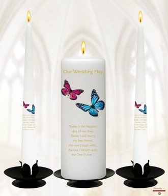 Pink & Blue Butterflies Gold Wedding Candles (White)