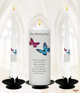 Pink & Blue Butterflies Silver Wedding Candles (White)