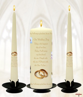 Memories Collage Gold Rings Wedding Candles (Ivory)