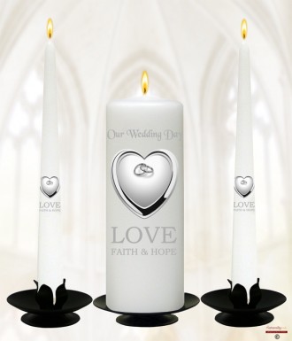 Heart & Rings Silver Wedding Candles (White)