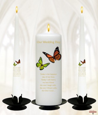 Orange and Green Butterflies Gold Wedding Candles (White)