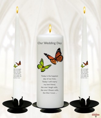 Butterflies Orange & Green Silver Wedding Candles (White)