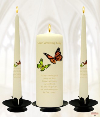 Orange and Green Butterflies Gold Wedding Candles (Ivory)