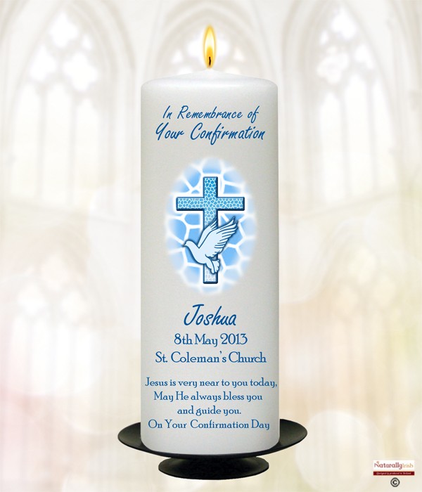 Cross and Dove Blue Confirmation Candle » Naturally Irish