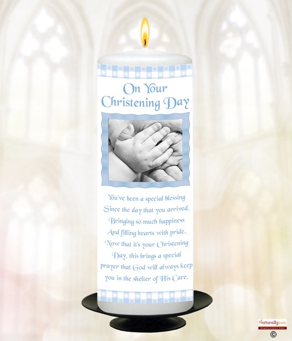 Gingham Hand Blue Christening Candle