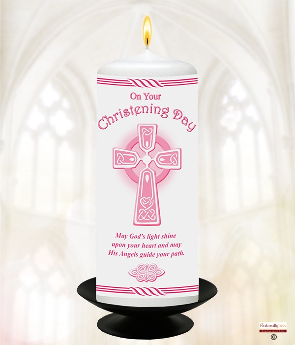 Celtic Cross Pink Christening Candle