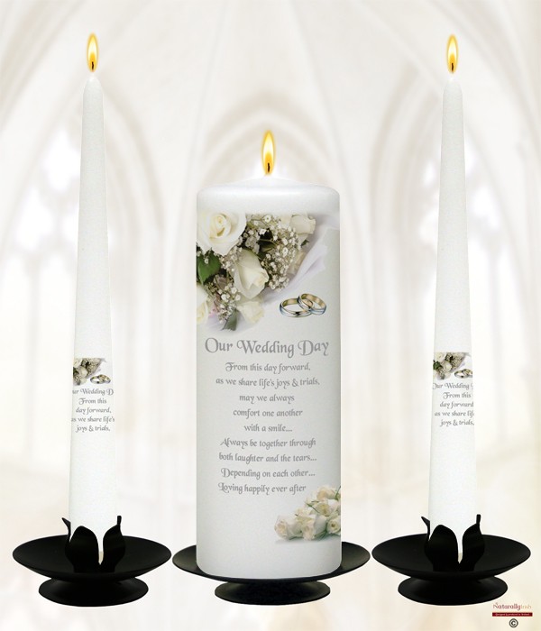 White Roses Silver Wedding Candles