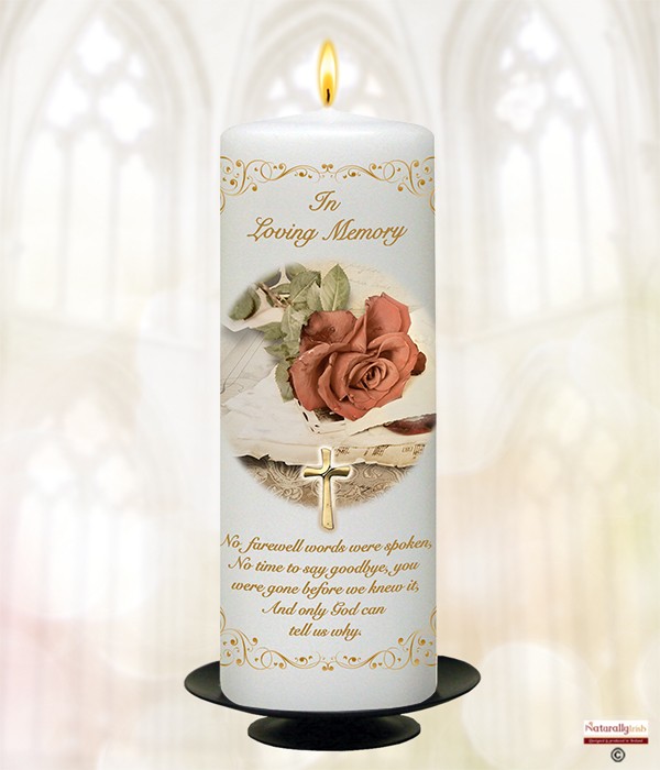 Red Rose & Cross Gold 9inch Remembrance Candle