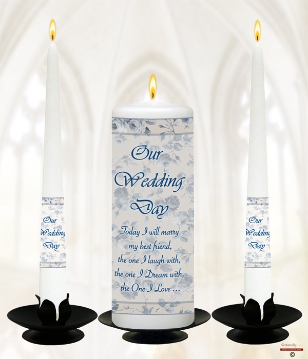 Blue & Cream Flower Frame Wedding Candles