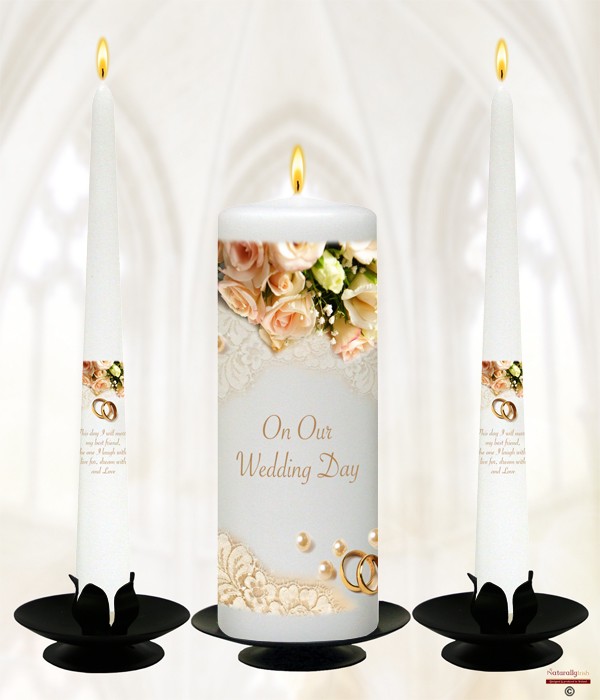 Pearl, Rings & Peach Roses Gold Wedding Candles