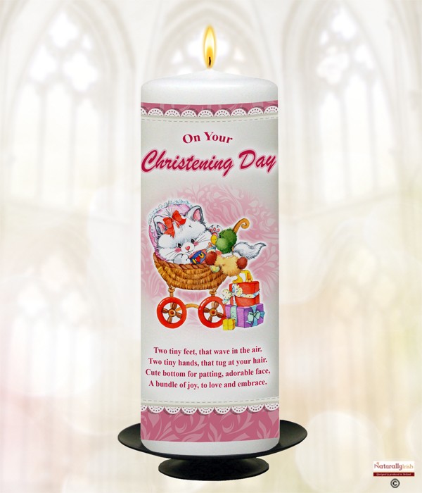 Teddy Pram & Lace Pink Christening Candle