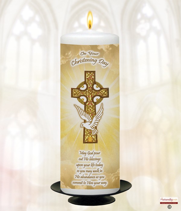 Celtic Cross & Dove Gold Christening Candle
