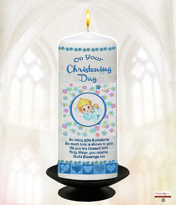 Baby & Rattle Blue Christening Candle