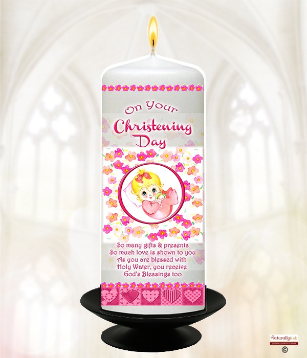 Baby & Rattle Pink Christening Candle