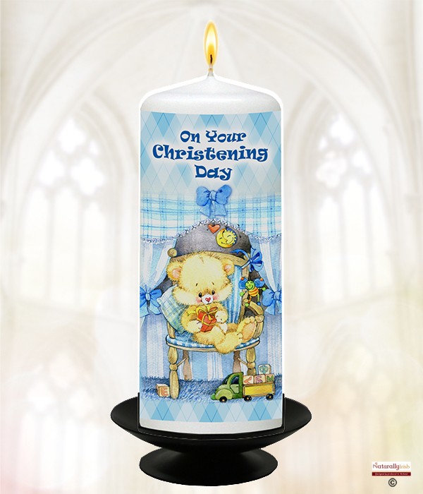 Teddy & Chair Blue Christening Candle