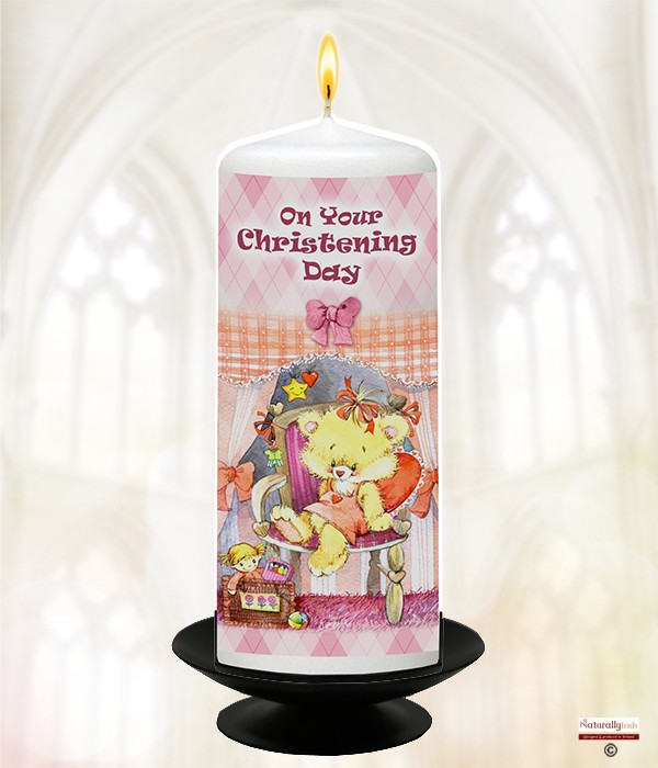Teddy & Chair Pink Christening Candle