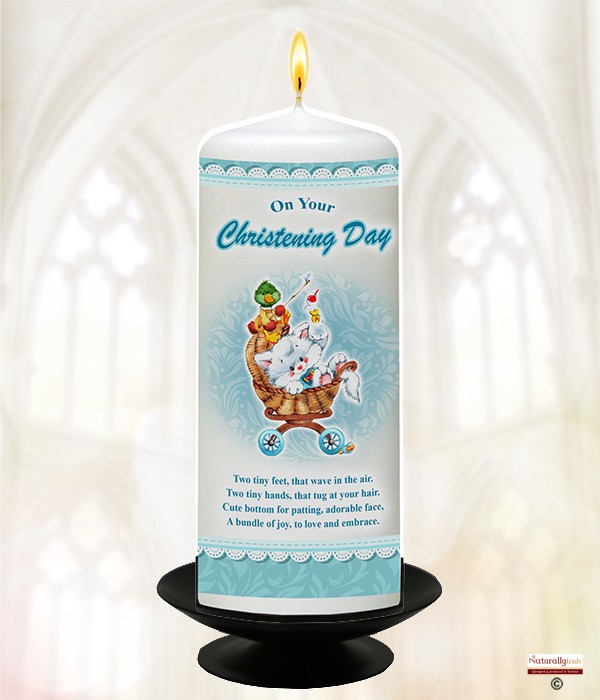 Teddy & Pram Blue Christening Candle