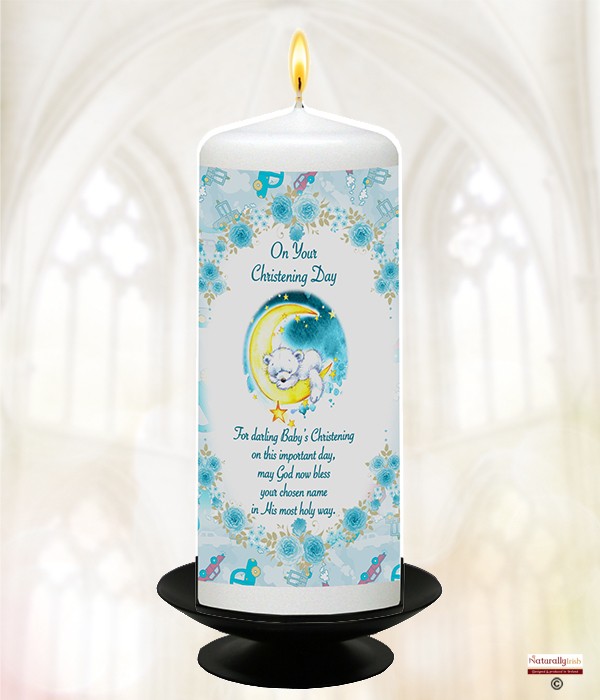 Bear Sleeping On Moon Blue Christening Candle