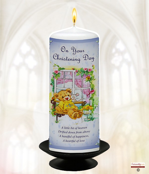Teddy & Bench Blue Christening Candle