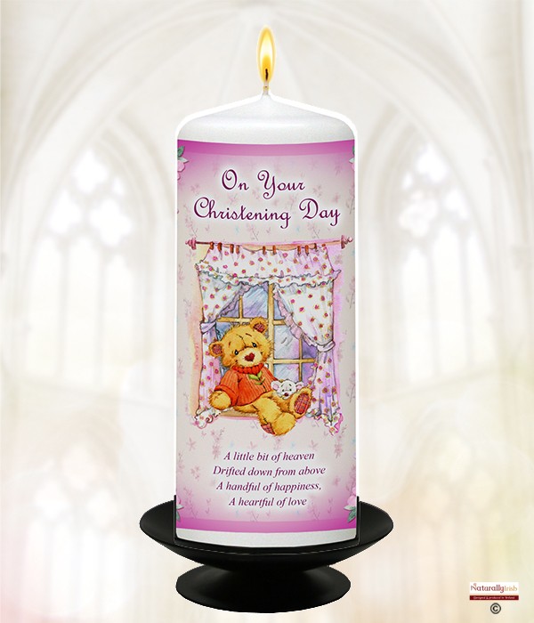 Teddy & Bench Pink Christening Candle