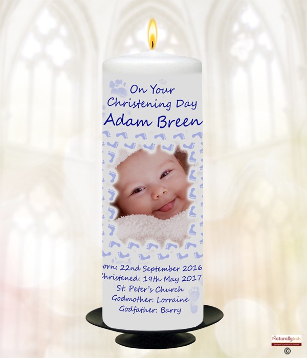 Feet Border Blue Christening Candle