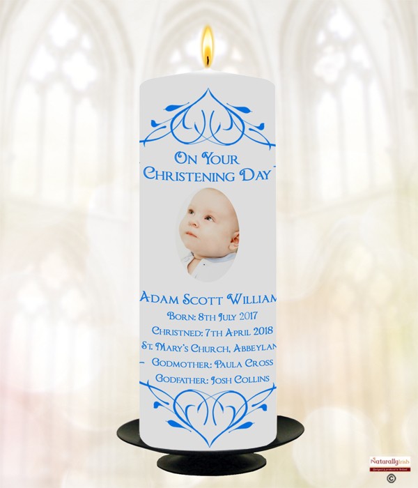 Heart Border Blue Photo Christening Candle