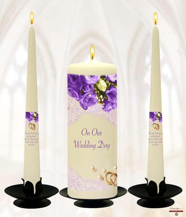 Pearl, Rings & Dark Purple Roses Gold Wedding Candles