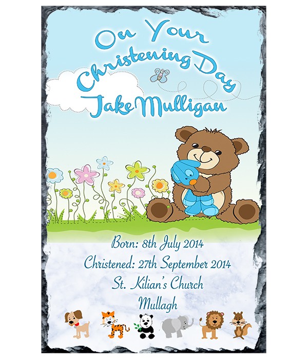 Cute Teddy & Flowers Blue Slate