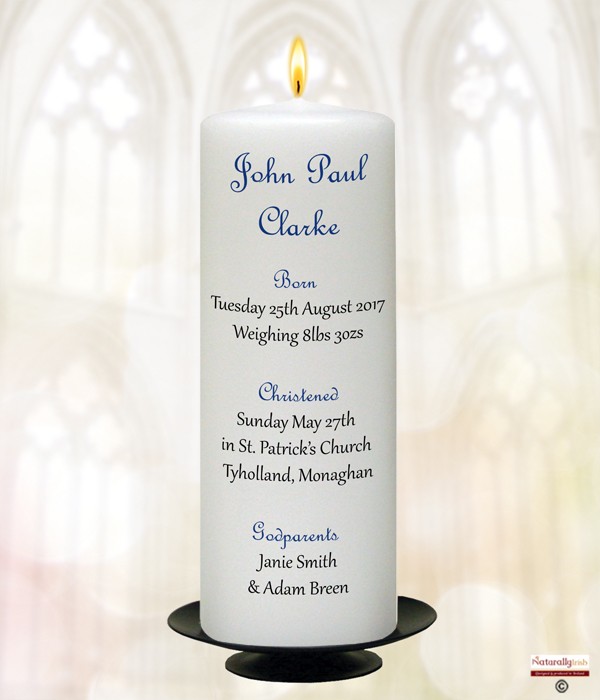 French Script Boy Christening Candle