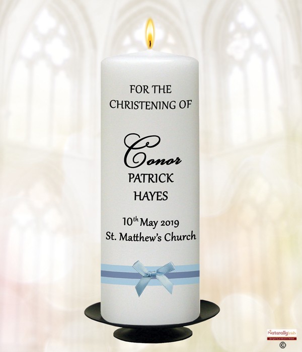 Bow Blue Christening Candle