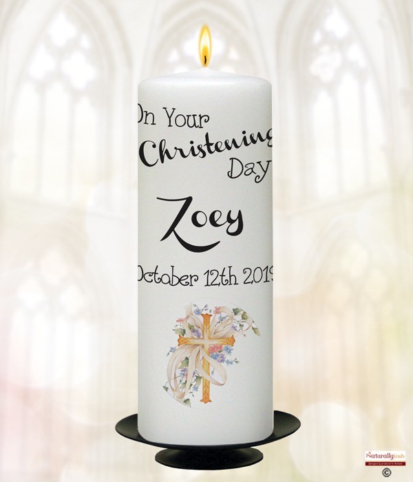 Cross & Flowers Boy Christening Candle