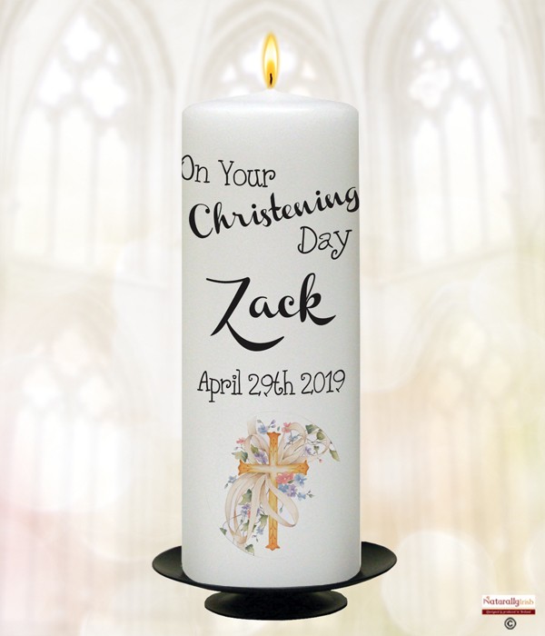 Cross & Flowers Girl Christening Candle