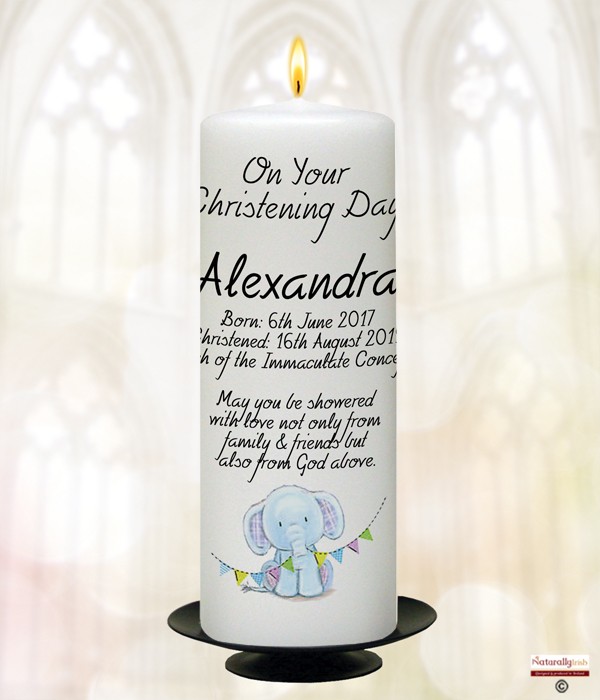 Elephant Party Blue Christening Candle