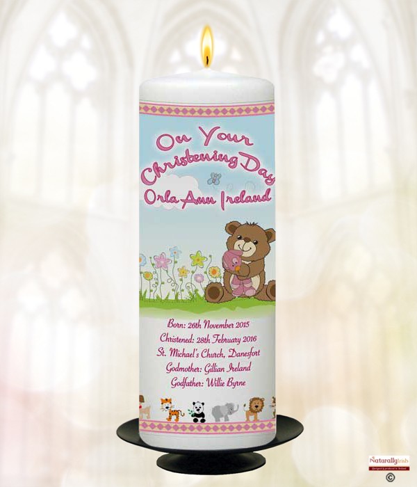 Cute Teddy & Flowers Pink  Candle