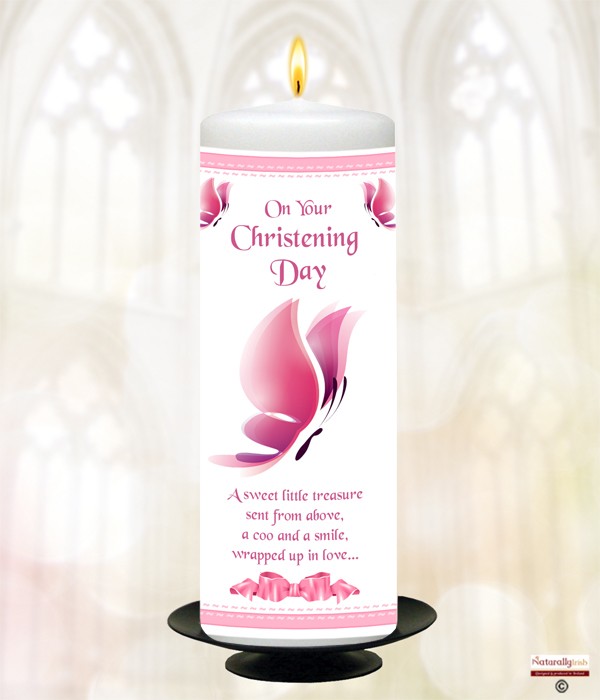 Butterfly and Bow Pink  Christening Candle