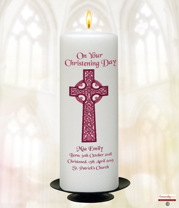 Celtic Cross Pink Christening Candle