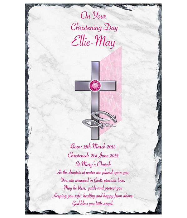 Cross & Fish Pink Christening Slate