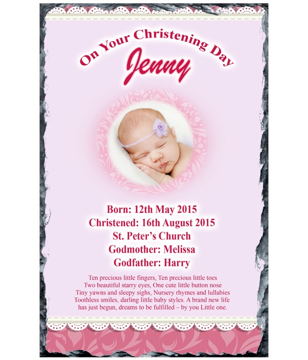 Teddy & Pram Photo Pink Christening Slate