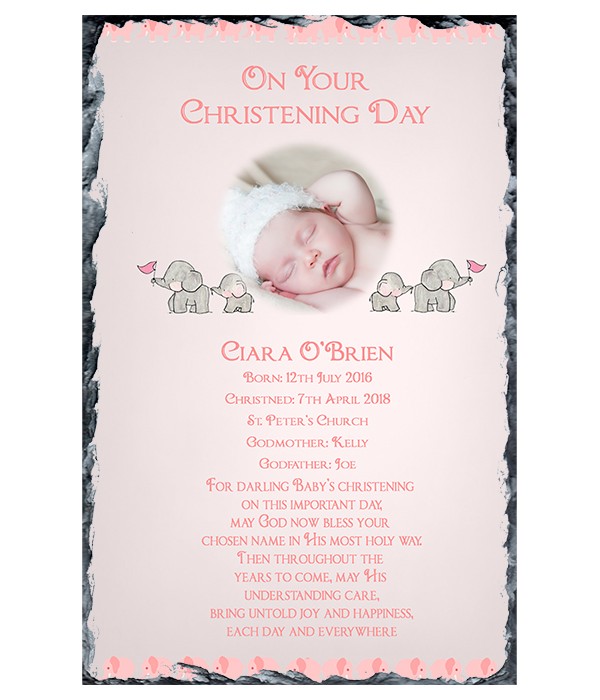 Elephant Family & Photo Girl Christening Slate