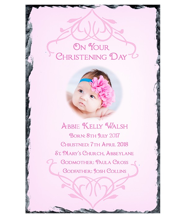 Heart Border & Photo Girl Christening Slate