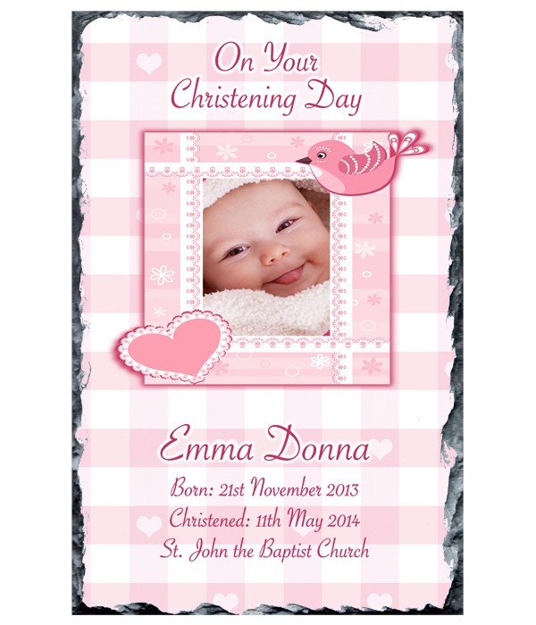 Heart & Bird Girl Photo Christening Slate
