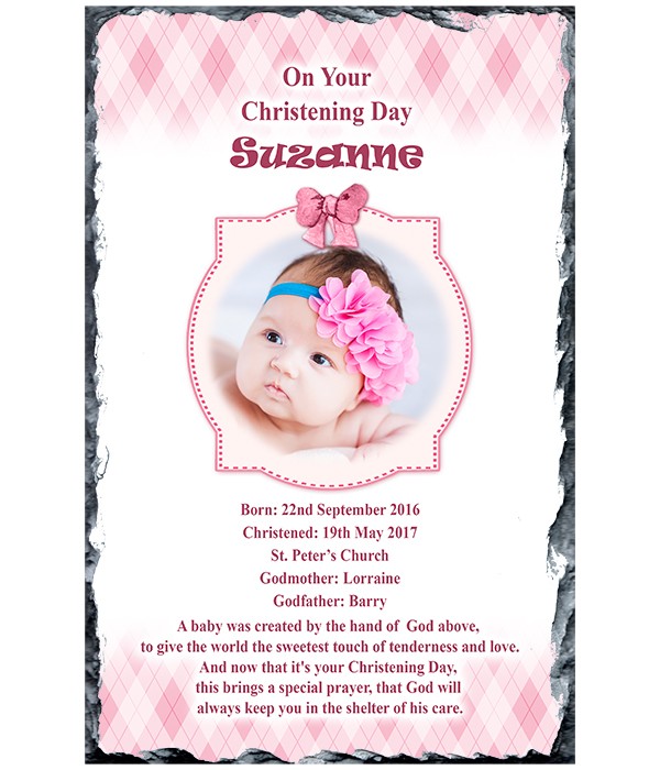 Teddy & Chair Photo Pink Christening Slate