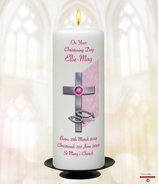 Cross & Fish Pink Christening Candle