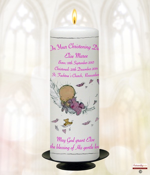 Feather Baby Pink Christening Candle