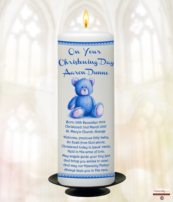 Teddy & Buttons Blue Christening Candle
