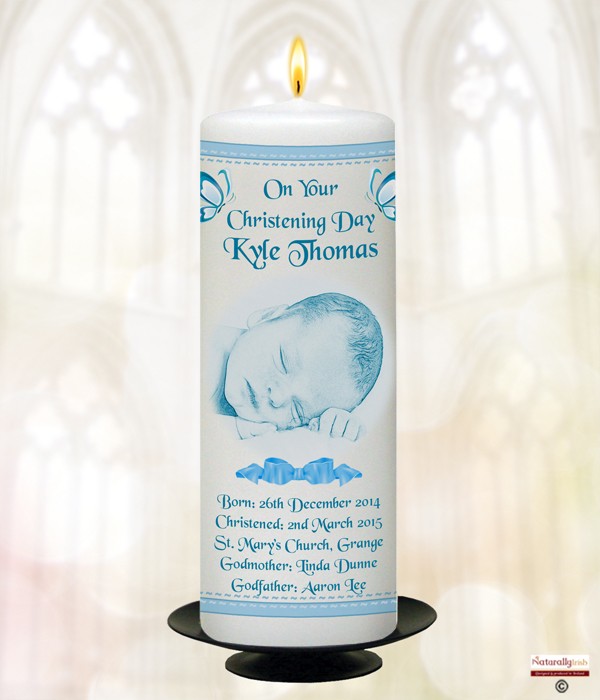 Baby Photo, Butterfly and Bow  Christening Candle